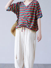 V-Neck Striped Short Sleeves Blouse